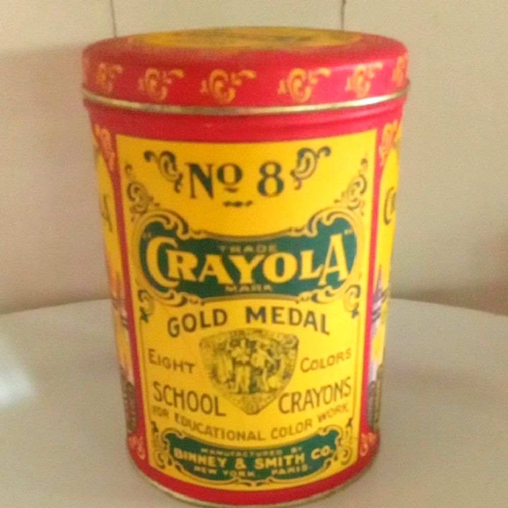 vintage 1982 Crayola Gold Medal Tin with Red and Yellow